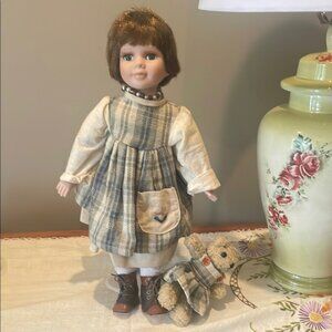 Plaid Dress Doll with Plush Bear toy brunette porcelain collectible doll